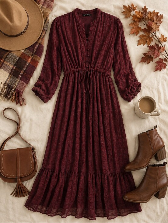 sowears Dresses & Skirts - Sowears Modest Cottage Romantic Maroon L Sleeve Poly Maxi Dress. Ladies Small